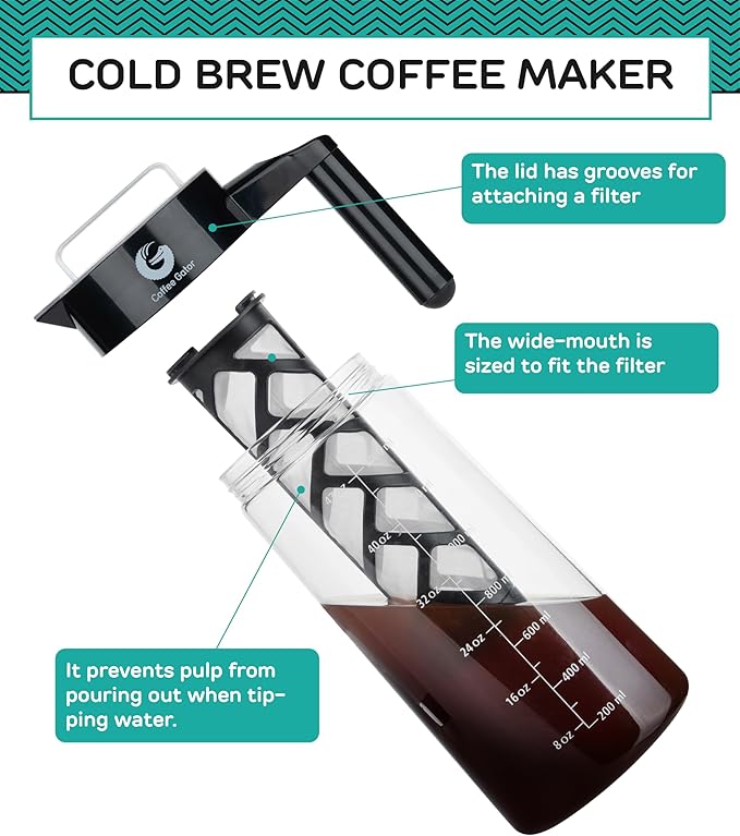 Coffee Gator Cold Brew Coffee Maker - 47 oz Iced Tea and Iced Coffee Maker and Pitcher with Borosilicate Glass Carafe, Filter - Black