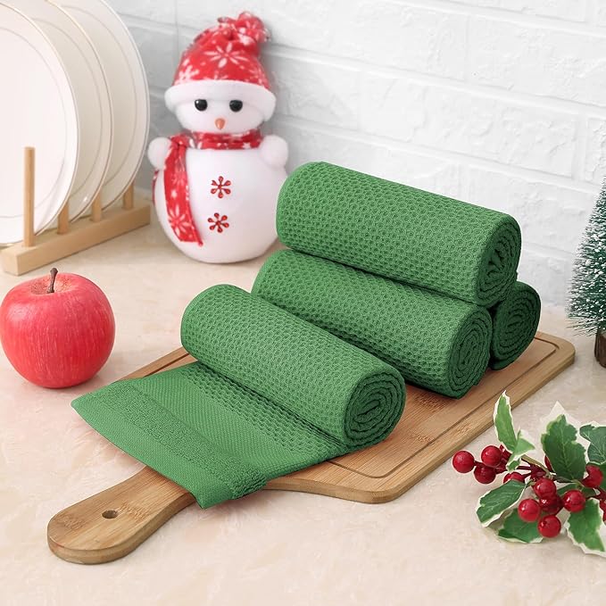 Homaxy 100% Cotton Waffle Weave Kitchen Towels, 13 x 28 Inches Super Absorbent and Machine Washable Dish Towels for Drying Dishes, 4-Packs, Grass Green
