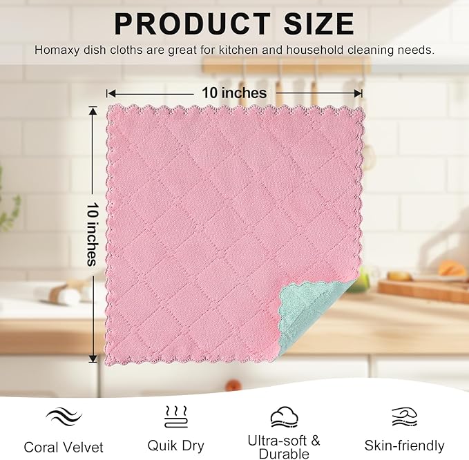 Homaxy 12 Pack Kitchen Cloths Dish Towels (10" x 10", Dark Green & Pink), Super Soft and Absorbent Dish Cloths, Coral Velvet Microfiber Cleaning Cloth, Nonstick Oil Fast Dry Dishcloths