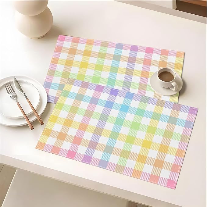 Pudodo Easter Buffalo Plaid Check Placemats Set of 4 Spring Holiday Party Decorations for Home Kitchen Table Supply (12" x 18")