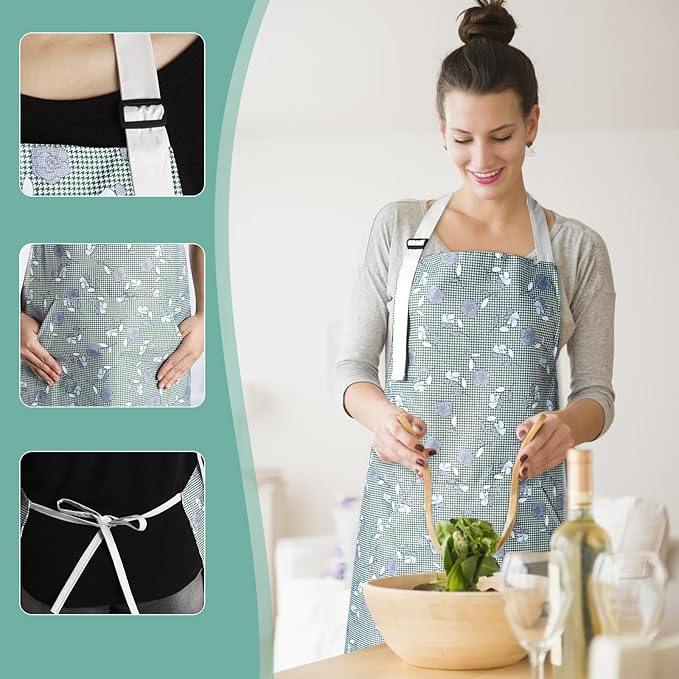 Apron for Women with Pockets, 3 PCs Waterproof Floral Apron with Adjustable Neck Strap for Cooking, Baking, Gardening, Art Craft