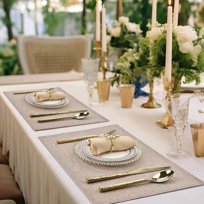 SLKQG Linen-Look Placemats Set of 8, Heat Resistant & Machine Washable Double-Layered Cloth Placemats for Dining Table, Indoor/Outdoor Use, Non-Slip Kitchen Table Mats (8, Natural Linen)