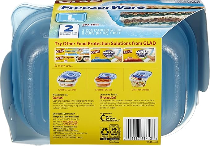 Glad Gladware Freezerware Food Storage Containers, Large Rectangle Holds 64 Ounces of Food, 2 Count Set | Tupperware, Plastic Food Container, Meal Prep Container, Plastic Containers with Lids