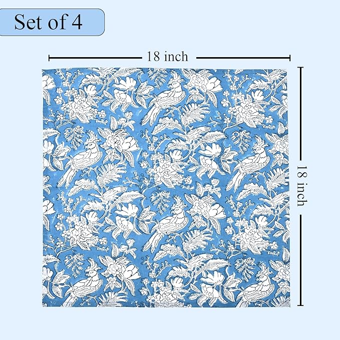 CPC Cloth Napkins Set of 4 Cotton Printed Dinner Block Print Napkins I Wedding Cocktail Cloth Floral Napkins I 18x18 in I Blue Sapphire