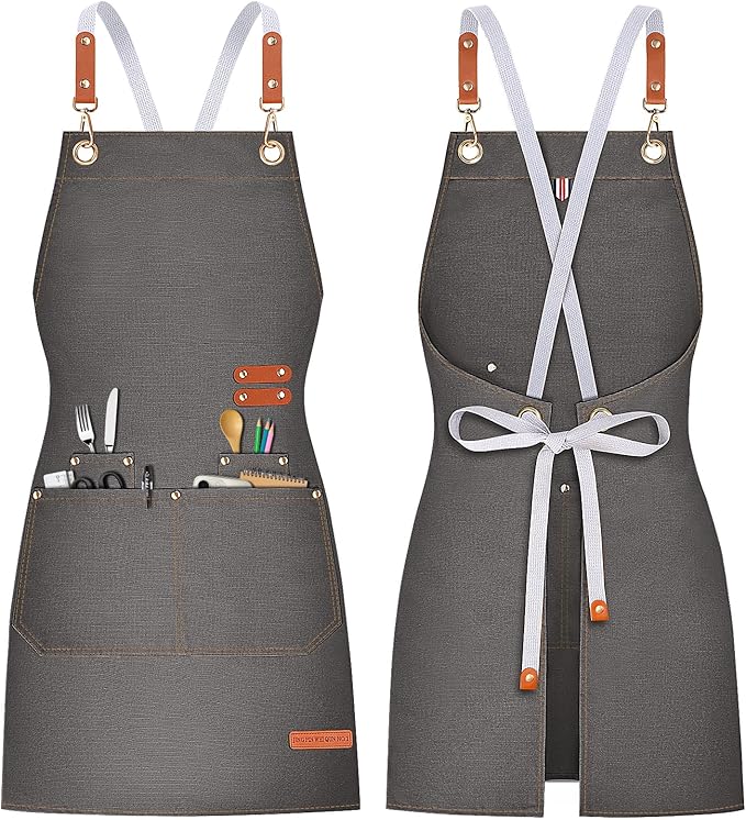 Teskyer Kitchen Cooking Apron with Pockets, Water Oil Resistant, Canvas Cross Back Aprons for Men Women Chef Server