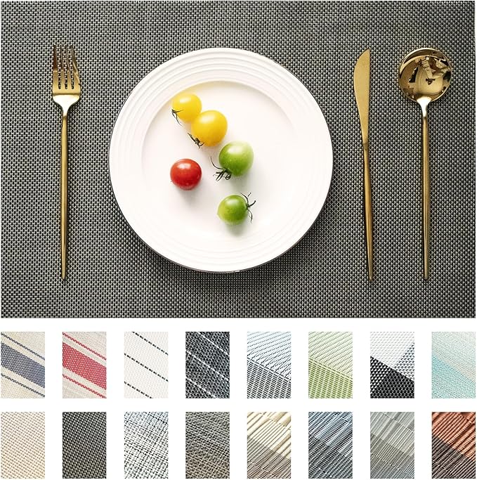 Placemats Set of 8 Vinyl/Plastic Woven Place Mats for Kitchen Table Indoor/Outdoor Washable Placemat Wipeable Dining Table Mats (Brown and Black,8)
