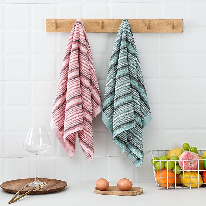 SALAS Premium Cotton Kitchen Dish Towels for Drying Dishes,Large Long Hand Towels, Thick Highly Absorbent Dish Cloth Towel Sets with Hanging Loop, 16" X 26", 6 Pcs, Pink and Green