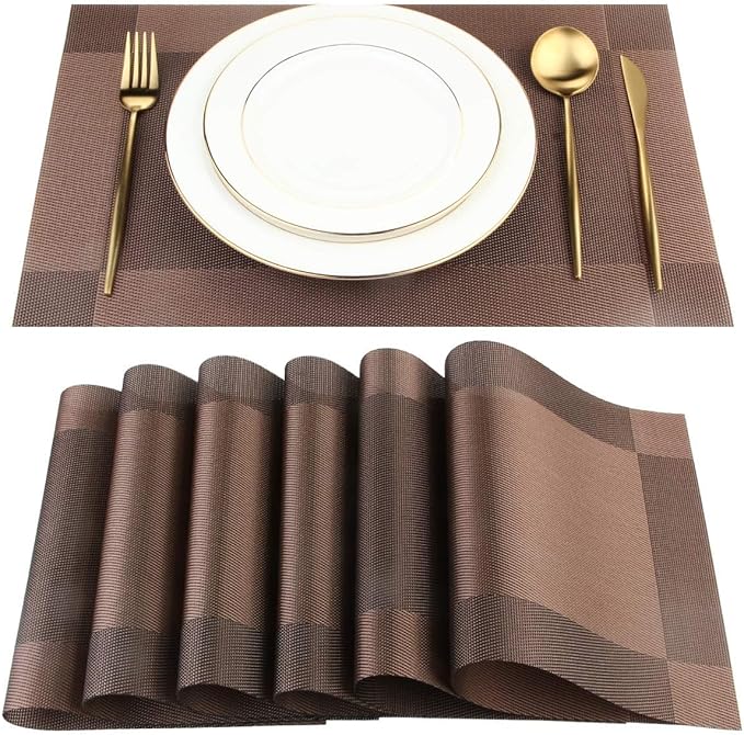 DACHUI Placemats, Heat-Resistant Placemats Stain Resistant Anti-Skid Washable PVC Table Mats Woven Vinyl (8pcs, Brown-Cross)