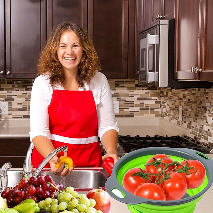 Green Round Silicone Collapsible Colander – Silicone Round Small Kitchen Strainers with Plastic Handles Foldable Kitchen Strainer Perfect for Draining Pasta Vegetable and Fruit