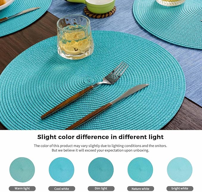 FunWheat Round Braided Placemats Set of 6 Table Mats for Dining Tables Woven Washable Non-Slip Place mats 15 inch(Turquoise, 6pcs)