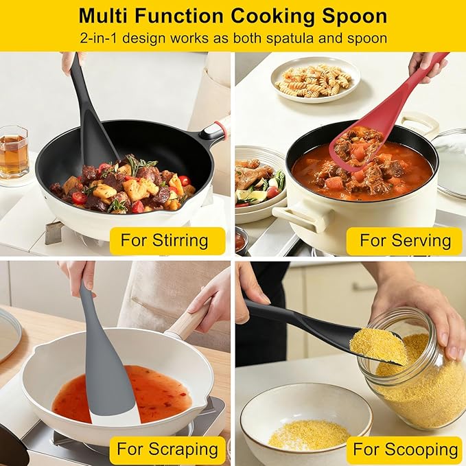 Beijiyi 3 Pack Silicone Cooking Spoons, 12.6 In Multifunction Spatula Spoon for Nonstick Cookware, BPA-Free Kitchen Utensils, Great for Cooking, Serving, Mixing, Multicolor (Black/Grey/Red)