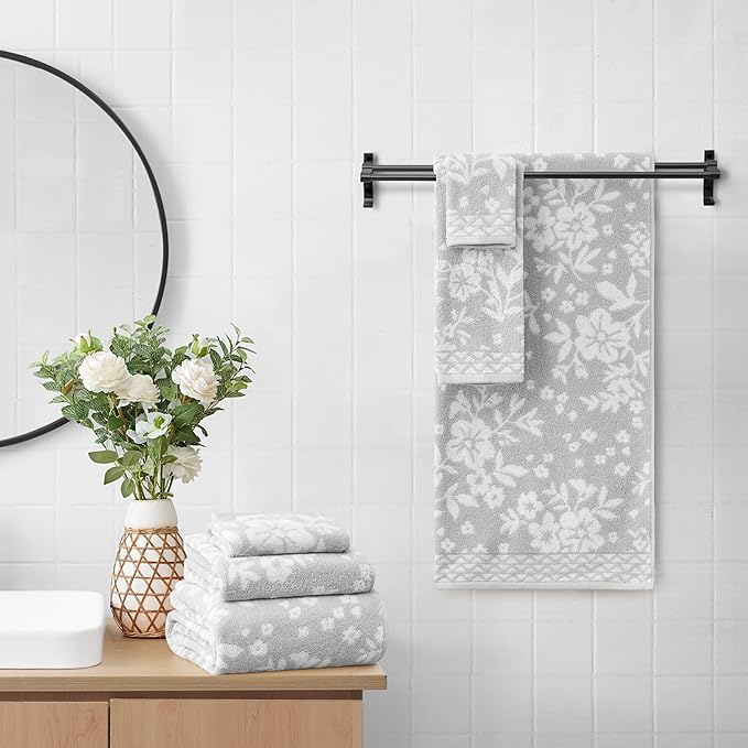 Lucky Brand Folk Floral 6 Piece Bath Towel Set - (2) Bath Towels, (2) Hand Towels, and (2) Washcloths - Glacier Grey Premium Bathroom Towel Set