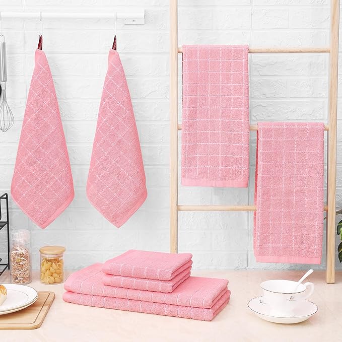 Homaxy Kitchen Towels and Dishcloths Set, 12 x 12 and 13 x 28 Inches, Set of 8 Bulk Cotton Terry Kitchen Towels Set, Checkered Designed, Soft and Super Absorbent Dish Towels, Pink