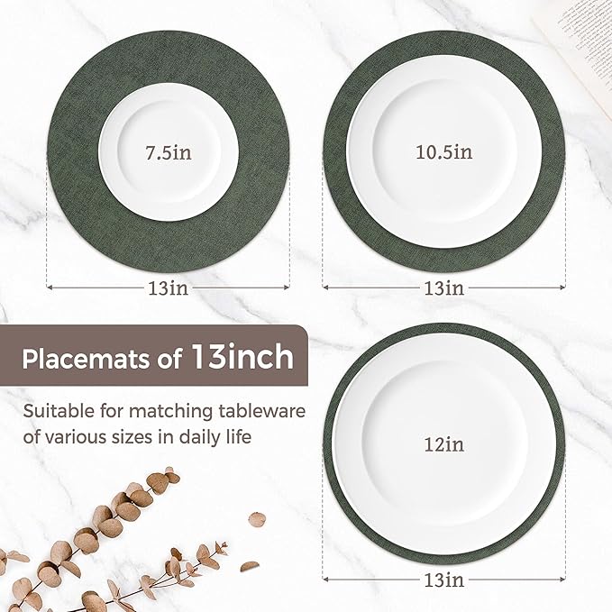 13" Round Placemats Set of 8, Reversible Faux Leather Heat Resistant Table Mats, Waterproof Oilproof Wipeable Table Protective Placemats for Vinyl, Washable for Indoor & Outdoor Use (8, Dark Green)