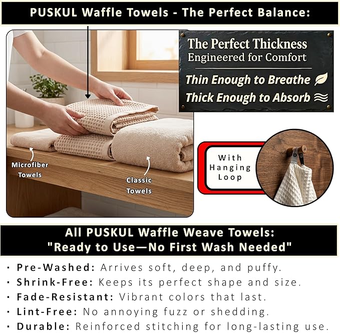 PÜSKÜL Natural 100% Turkish Cotton Waffle Bath Towels Set of 2-Piece | 32x63 inch Extra Large Absorbent Quick-Dry Lightweight Spa Towel | Luxury Sauna Accessories (Beige Bath Towels - Pack of 2)