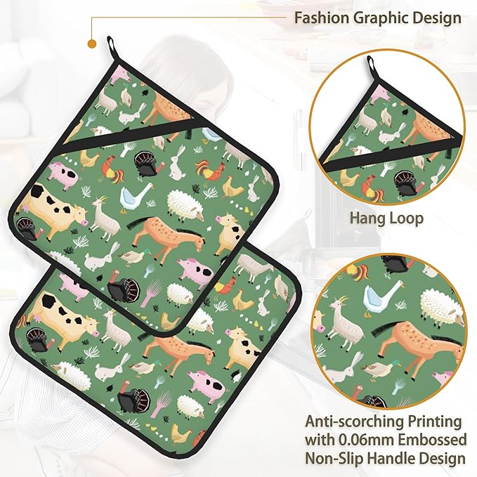 Funny Farm Animals Horse Cow Pot Holder Set of 2,Heat Resistant Potholders Oven Hot Pads for Kitchen Cooking Baking BBQ