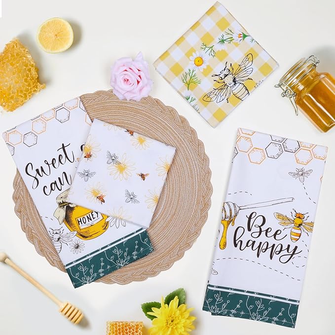 Spring Summer Honeybee Tea Towels, Cotton Kitchen Towel 18.9 × 27.5 inch, Quick Drying Dish Cloth for Party Anniversary Holiday Decoration, Housewarming Gifts for Mom