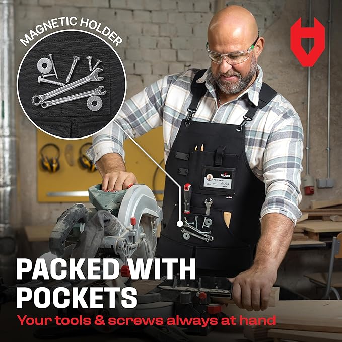 NoCry Woodworking Apron for Men — Reinforced Pockets with Metal Rivets, Magnetic Holder & Leather Tool Loops — Shop Aprons for Men with Cross-Back Straps, Non-Slip Shoulder Pads & Quick-Release Buckle