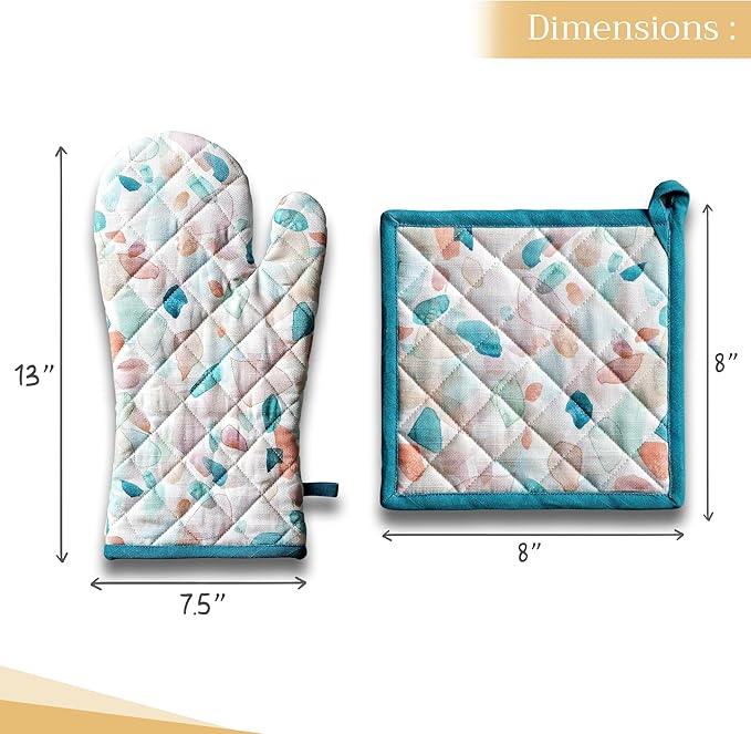 Maison d' Hermine 100% Cotton Oven Mitt & Pot Holder Set (7.5"x13" & 8"x8") Heat Resistant BBQ Cooking Gloves with Loop Baking Grilling Kitchen Gifts for Mothers Day Spring/Summer (Summer Picnic)