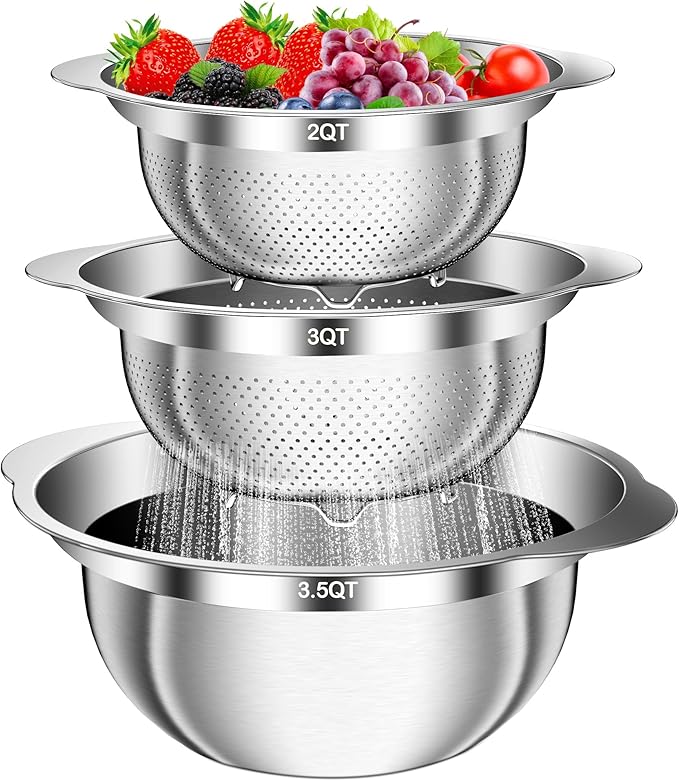 Colander, Stainless Steel Colander with Mixing Bowls (3.5QT), 3Pcs Strainer for Kitchen Gadget Food Strainer Basket with Handle, Colanders Bowl for Pasta Noodles Spaghetti Vegetables Fruit (3.5+3+2QT)