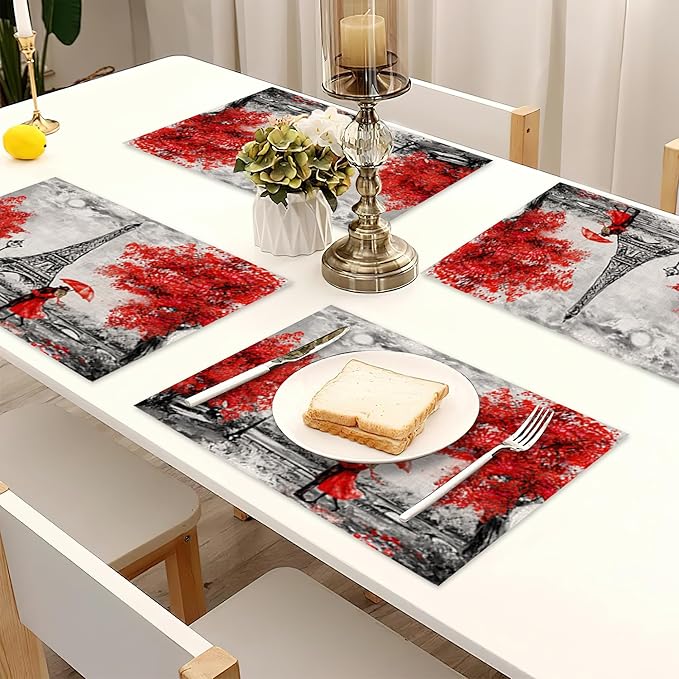 Placemats Set of 6,Vintage Eiffel Tower Linen Table Mats Heat Resistant Place Mats Washable Dining Table Mats for Indoor Outdoor Kitchen Decor Easy Clean 12 x 18 Inch