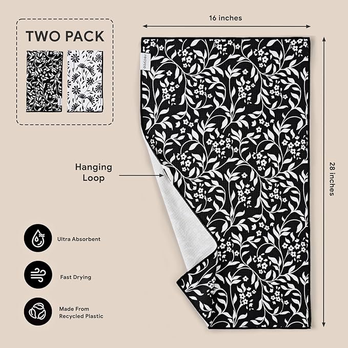 RECYCO Waffle Kitchen Towel Set of 2 - Quick Dry Microfiber Sustainable Dish Towels - Ultra Absorbent Reusable Cleaning Tea Towels - Lightweight Hand Towels,16”x 28”, Black & White Florals