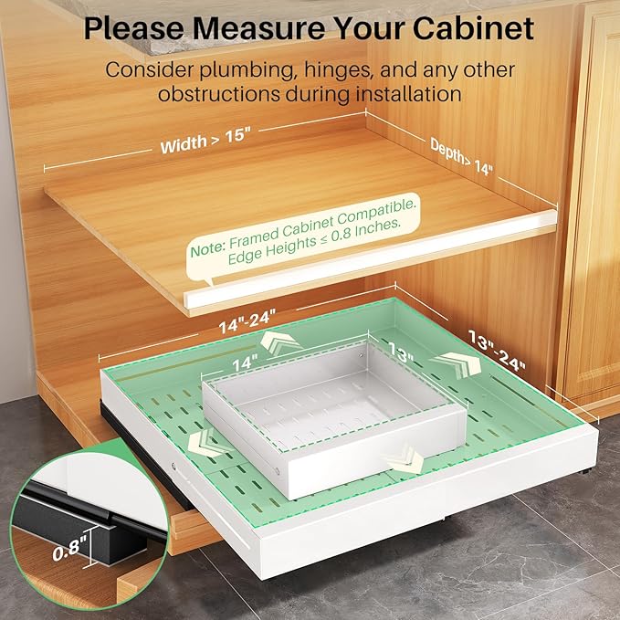 Pull out Cabinet Organizer, Expandable Width(14"-24"), Depth(13"-24") with 3 Rails, Slide Out Drawers With Raising Pad for Framed Cabinets, Fixed with Adhesive Film for Cabinets in Kitchen, White