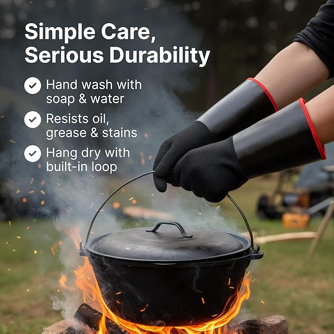 BBQ Gloves - Waterproof and Extreme Heat Resistant up to 932°F - Food-Grade Neoprene Rubber Mitts for Cooking, Grill, Grilling, Oven, Baking, Fire Pit - Non-Slip Grip, Cotton Lining and 14” Sleeve