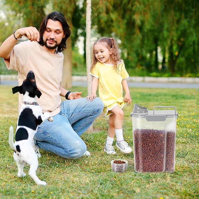 LEAWALK 5-7Lbs Dog Cat Food Storage Container with Upgraded Large Nozzle BPA-free, 4 Snap Seals Plastic Pet Food Storage Containers with Handles (Light Gray, 5L-1pack)