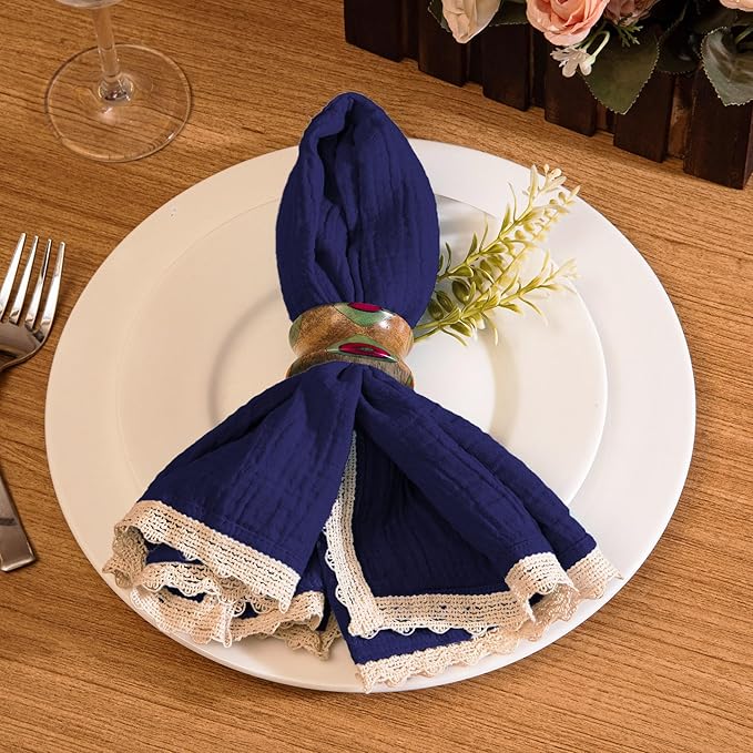 FINGERCRAFT Dinner Cloth Napkin Cotton Muslin Double Gauze 12 Pack with Classic Lace for Everyday Use, Wedding, Christmas, Easter Napkins Cloth are Pre Shrunk and Good Absorbency Bellwether Blue
