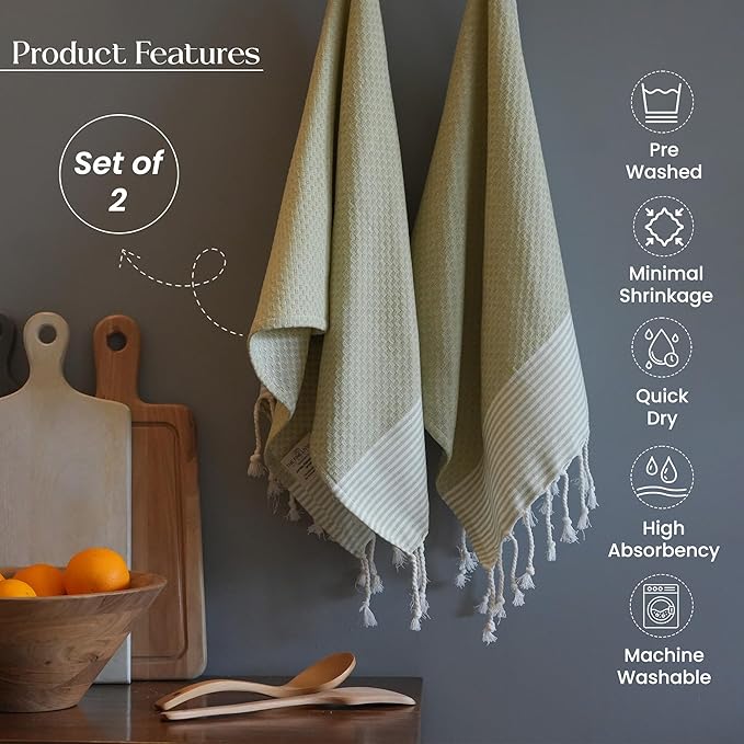 The Fine Living Co. Turkish Towels - Set of 2, 100% Cotton, Decorative for Bath, Face, Hair, Tea or Dishcloth, 40'x18' (Sage Green)
