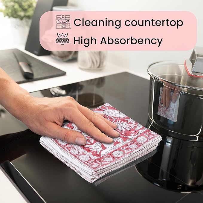 CPC Coral Pink Hand Block Print Waffle Kitchen Towel Set of 3-16 x 28 Inch Ultra Absorbent Quick Dry Cotton Dish Towels Lightweight Reusable Sustainable Tea Towels for Cleaning and Drying