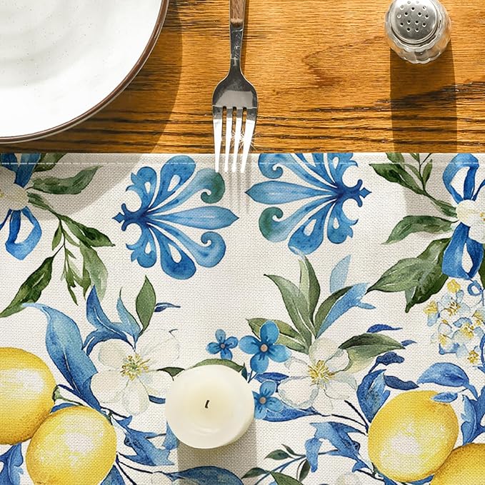 Artoid Mode Blue Lemon Iris Summer Table Runner, Seasonal Spring Kitchen Dining Table Decor for Home Party Decor 13x120 Inch