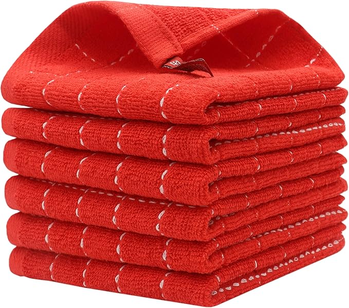 Cotton Terry Dish Cloths, Absorbent Dish Towels for Kitchen Drying, Soft Wash Cloths Multipurpose Dish Rags for Washing Dishes, 12 x 12 Inches, Set of 6 (Red)