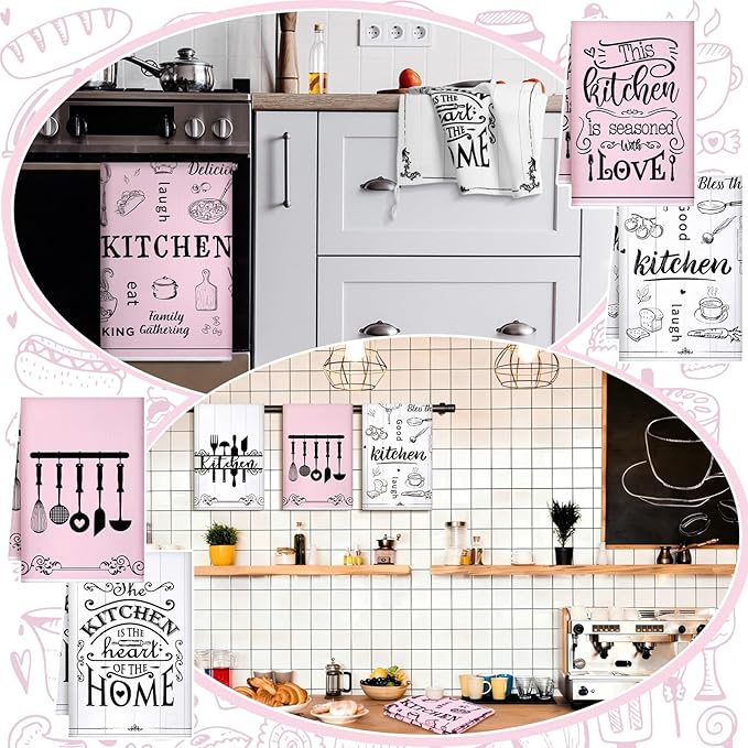 Bencailor 6 Pcs Kitchen Towels Decorative Sets Dish Towels Absorbent Fast Drying Hand Tea Vintage Hanging Reusable Cleaning Dishcloths for Cooking Farmhouse Bathroom Accessory(Pink and White,Classic)