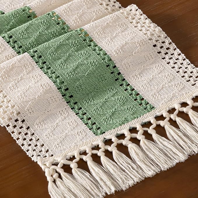 DeZerlor Boho Macrame Table Runner Spring Easter Farmhouse Woven Table Runner with Tassels 72 Inches Ivory& Sage Green Cotton Linen Kitchen Table Decor for Dining Dresser Home Tea Table Decor