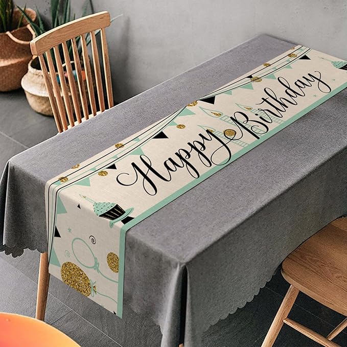 Happy Birthday Table Runner Cake Golden Balloon Pennant 13x72 Inch Polyester Linen Table Decoration for Kitchen Dinning, Indoor Outdoor Home Party Desktop Decor (Blue)