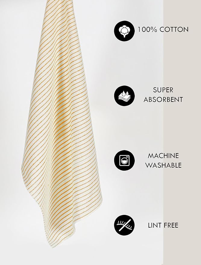 TWINY threads Set of 4 Vintage Stripe Kitchen Towels (18x26 Inches) Premium Tea Towels with Hanging Loop, Highly Absorbent 100% Cotton Bulk Kitchen Hand Towels for Drying Cleaning - Mustard Yellow