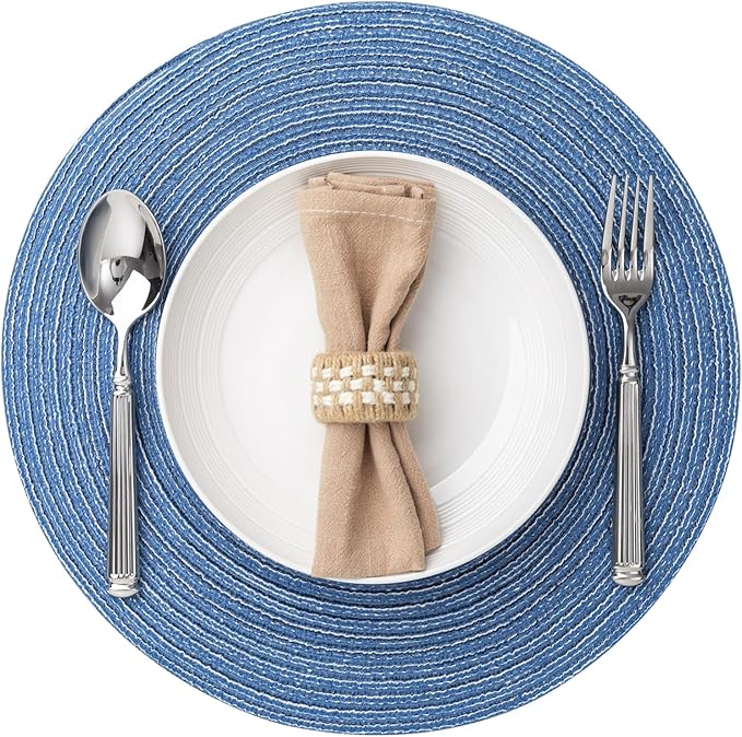 Round Placemats Set of 12 Woven Placemats Washable Braided Table Mats for Dining Table Heat Resistant Non-Slip Circle Place Mats(Mid Blue)