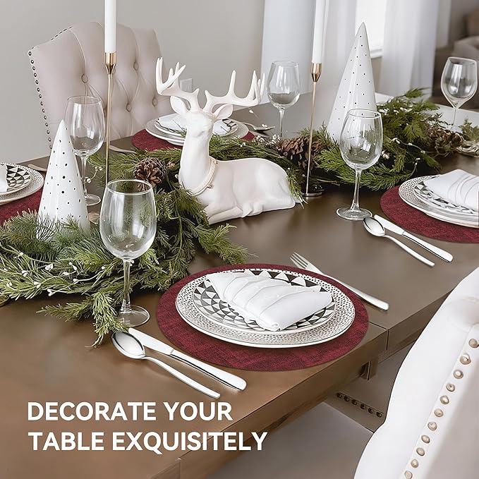 13"Round Placemats Set of 8, Reversible Faux Leather Heat Resistant Table Mats, 100% Waterproof Oilproof Wipeable Table Protective Placemats for Vinyl, Washable for Indoor & Outdoor Use (8, burgundy)
