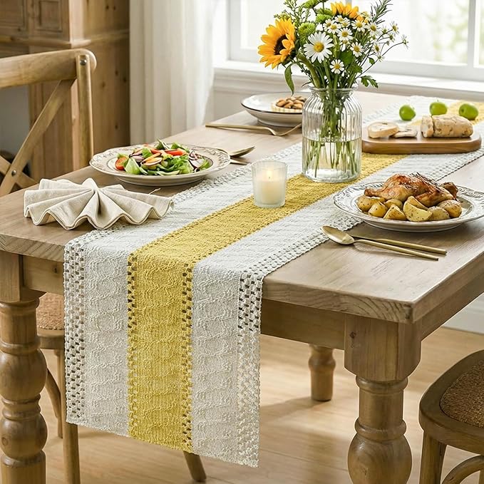 Artoid Mode Yellow Farmhouse Rustic Table Runner, Seasonal Holiday Hollow Kitchen Dining Table Decoration for Home Party Decor 12x48 Inch