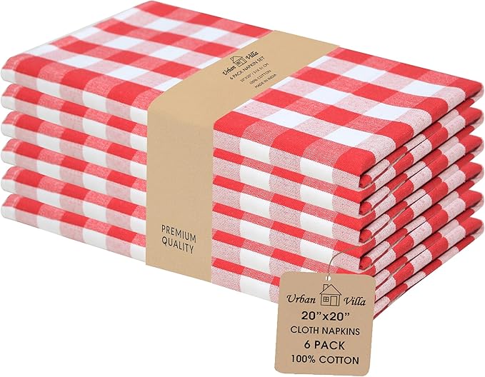 Urban Villa Cotton Dinner Napkins Set of 6, Highly Absorbent 20x20 Inches Premium Cloth Napkins Hotel Quality Reusable & Washable Table Dinner Napkins for Home & Weddings - Red/White, Checks
