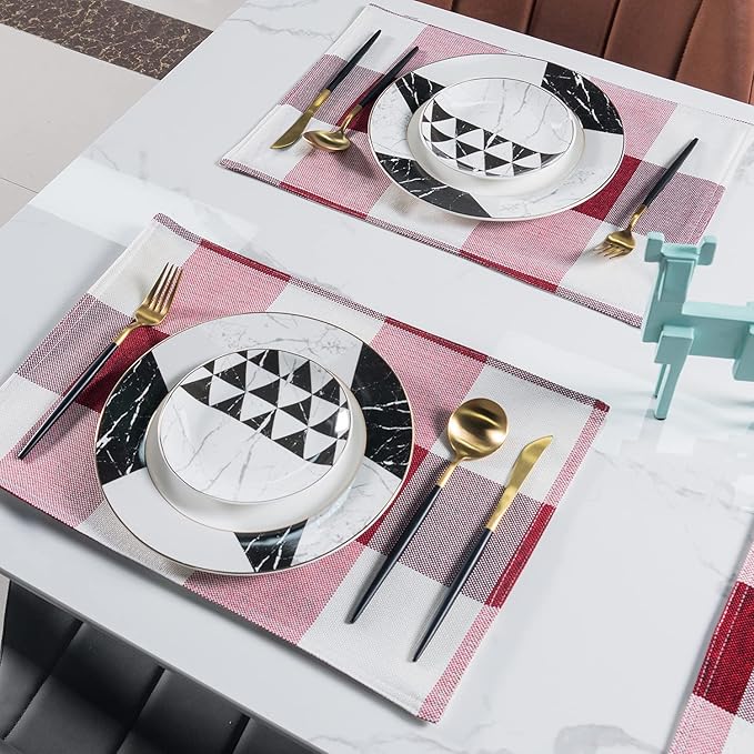 Red Placemats Set of 4, Linen Buffalo Plaid Double Layer Spring Placemats Check Kitchen Table Mats,Waterproof Heat Resistant Durable Cloth Washable Placemats 12 x 18 Inches