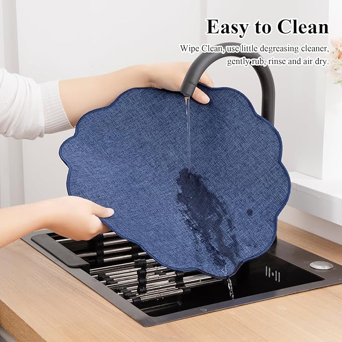 SHACOS Scalloped Round Placemats Set of 6 Polyester Linen Blend 15 inch Washable Non Slip Place Mats Easy Clean Heat Resistant Table Mats for Kitchen Dining Table Decor, Navy Blue