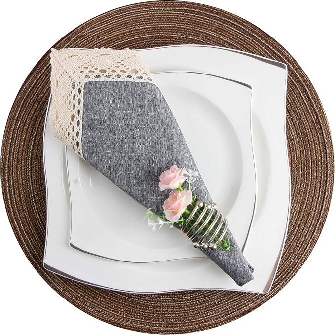 EHouseHome Dinner Cloth Napkins with Lace Trim Waterproof Spillproof Faux Linen Fabric Napkins,Set of 6, 18 x 18 Inch,Grey