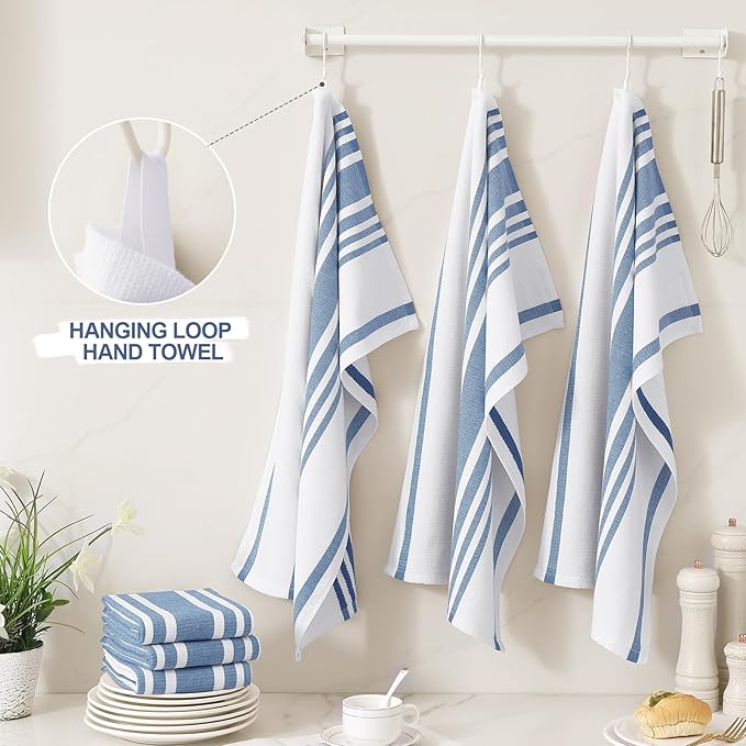 Homaxy Premium Kitchen Towels 18”x 28”, Large Cotton 380 GSM Kitchen Hand Towels, Stripe and Terry Dish Towel, Highly Absorbent Tea Towel Set with Hanging Loop, 8 Pack, Navy Blue