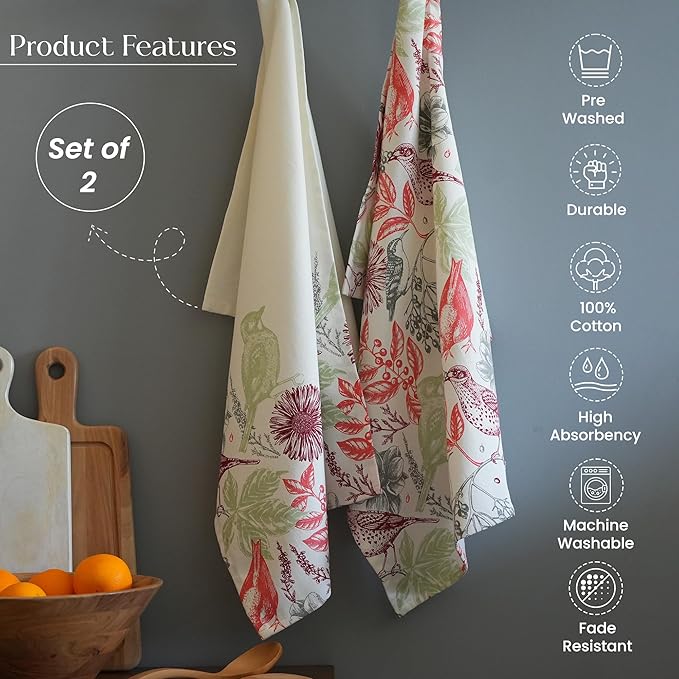 The Fine Living Co. 100% Cotton Kitchen Towels Set of 2, 18 x 28 inches, Hello Bird Printed Dish Towel, Hand Towels, Summet Kitchen Towels, Boho Tea Towels- Multifunctional, Stylish, Absorbent, Soft