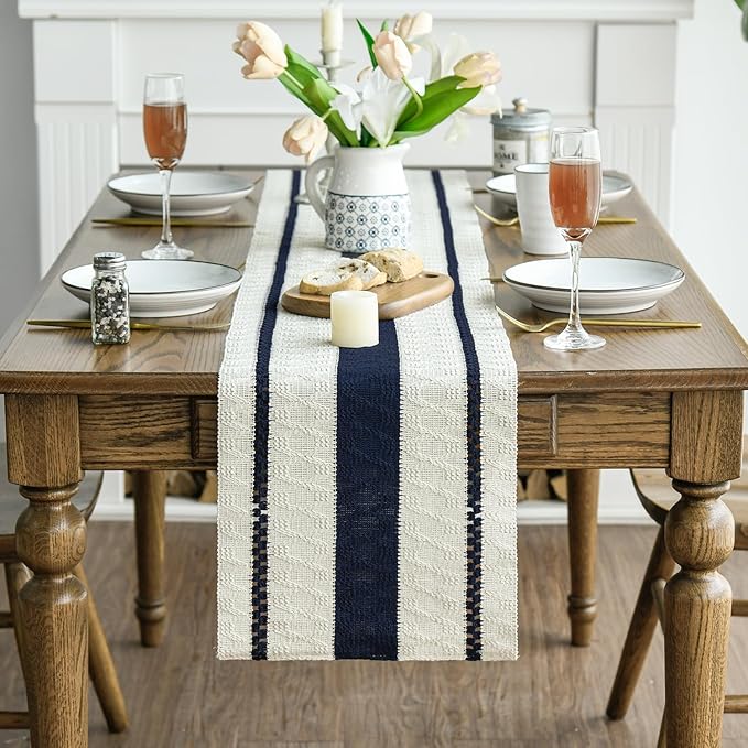 Artoid Mode Dark Blue Farmhouse Woven Rustic Table Runner, Seasonal Holiday Hollow Kitchen Dining Table Decoration for Home Party Decor 12x72 Inch