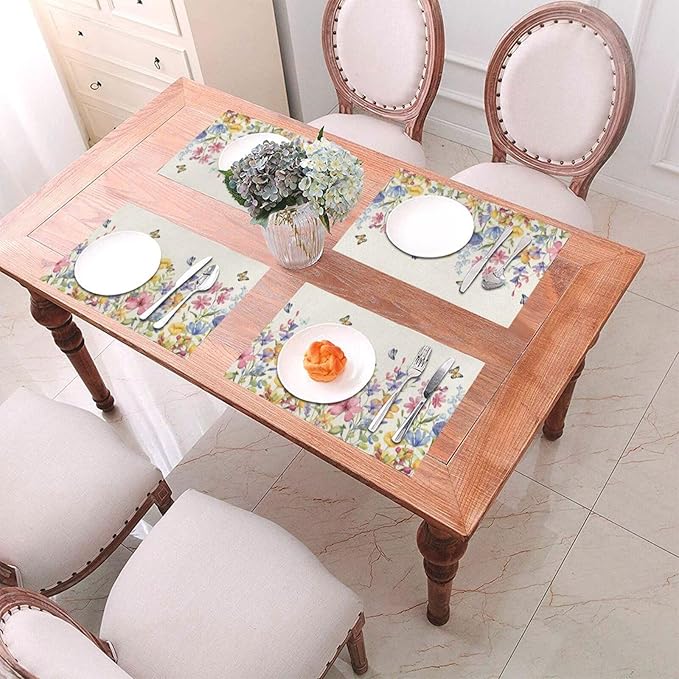 Spring Floral Placemats 12x18 Inches Set of 4 Colorful Flower Butterfly Decorative Rectangle Table Mats Summer Colorful Linen Place mats for Party Home Kitchen Dining Table Decor