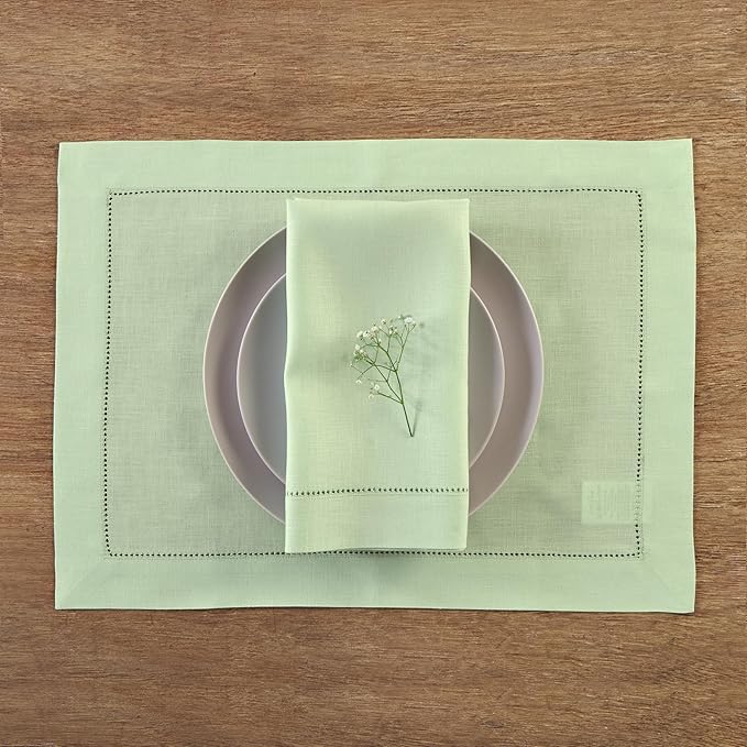Solino Home Linen Cloth Napkins Set of 4-100% Pure Linen Light Green Dinner Napkins 20 x 20 Inch for Spring, Summer - Classic Hemstitch, Handcrafted and Machine Washable